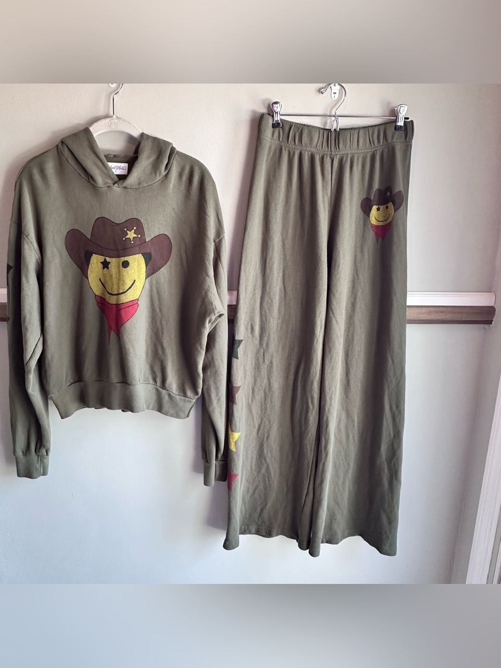Lauren Moshi Cowboy Happyface Sweatshirt Hoodie Wide Leg Pants Set REVOLVE
